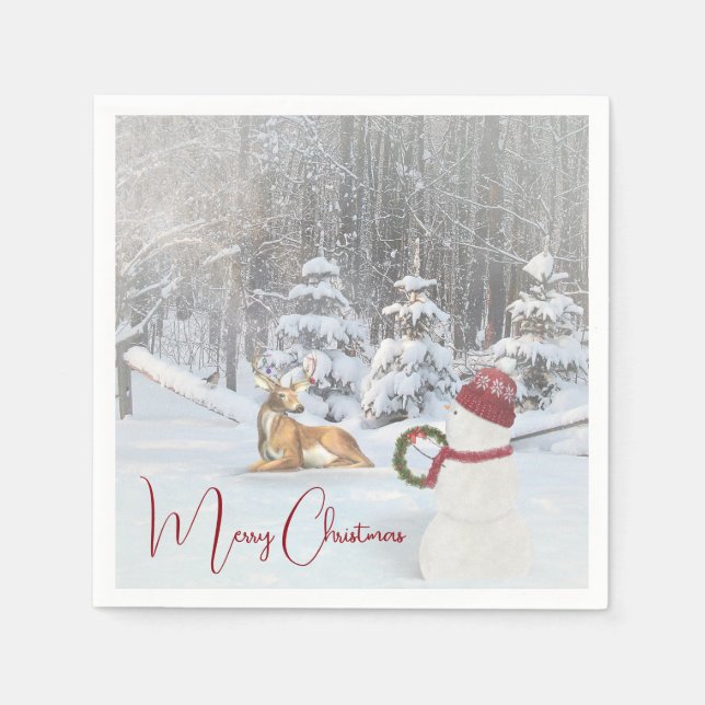Merry Christmas Snowmen and Buck In Winter Woods Napkin (Front)