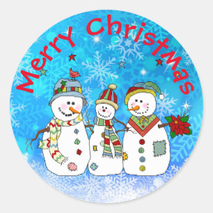 Merry Christmas Snowmen and Snowflakes Classic Round Sticker