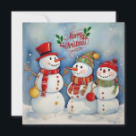 Merry Christmas, Snowmen Celebration Holiday Card<br><div class="desc">Three Festive Snowmen Celebrate Christmas.</div>