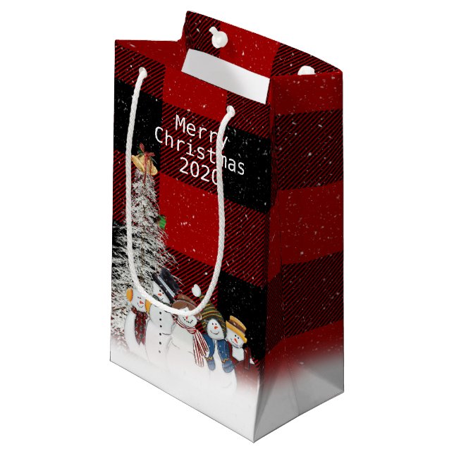 Merry Christmas snowmen on plaid Small Gift Bag (Front Angled)