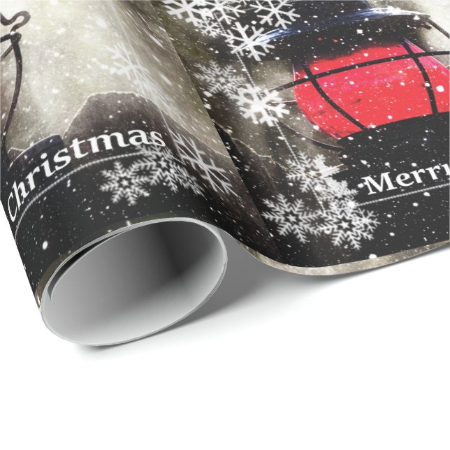 Merry Christmas Snowy Old Train Lantern Wrapping Paper (Roll Corner)