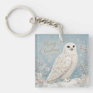 Merry Christmas Snowy Owl Winter Wonderland Keychain