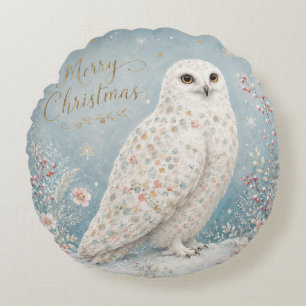 Merry Christmas Snowy Owl Winter Wonderland Round Pillow