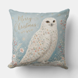 Merry Christmas Snowy Owl Winter Wonderland Throw Pillow