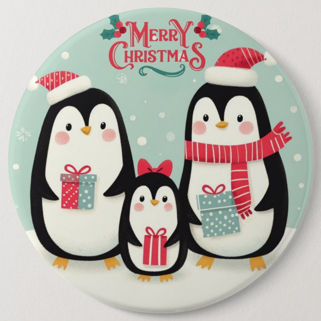 Merry Christmas snowy penguins 6 Inch Round Button (Front)