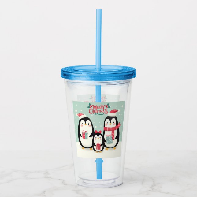 Merry Christmas snowy penguins Acrylic Tumbler (Front)