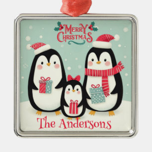 Merry Christmas snowy penguins Metal Ornament