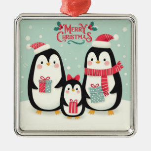 Merry Christmas snowy penguins Metal Ornament