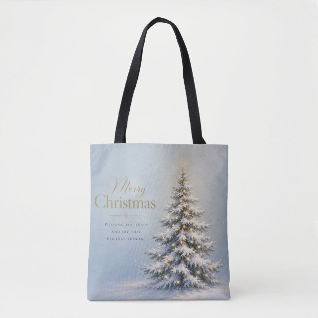 Merry Christmas Snowy Pine Tree Tote Bag (Front)