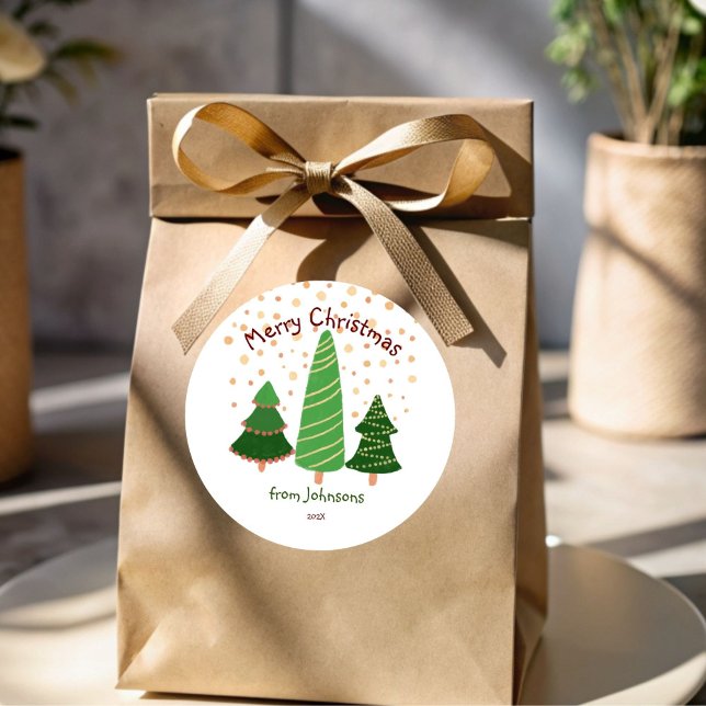 Merry Christmas snowy pines customized Classic Round Sticker (Merry Christmas snowy pines customized Sticker template simple personalized Christmas gift stickers)