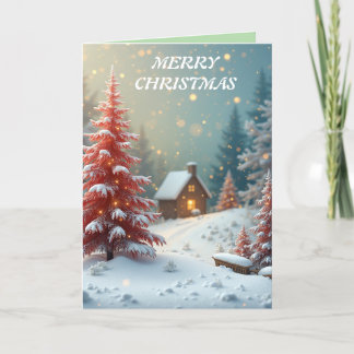 Merry christmas snowy red trees holiday card