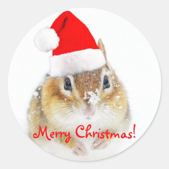 Merry Christmas Snowy Santa Chipmunk Classic Round Sticker (Front)