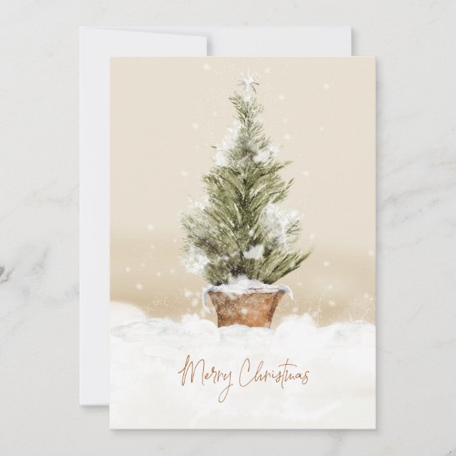 Merry Christmas Snowy Tree Watercolor Holiday Card (Front)