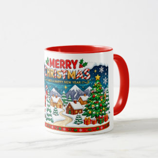 Merry Christmas Snowy Village and Christmas Tree Mug