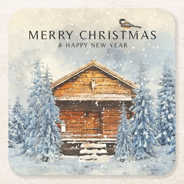 Merry Christmas/Snowy  Winter Cabin with Chickadee Square Paper Coaster (Front)