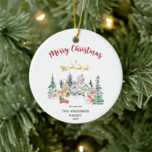 Merry Christmas Snowy Winter House Scene Ceramic Ornament