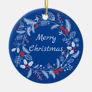 Merry Christmas Snowy Wreath Ceramic Ornament