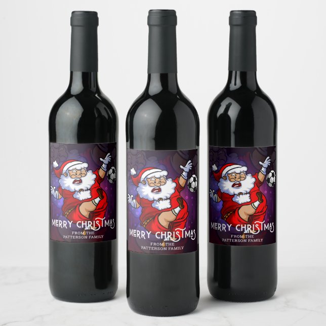 Merry Christmas Soccer Football Santa Personalized Wine Label (Bottles)