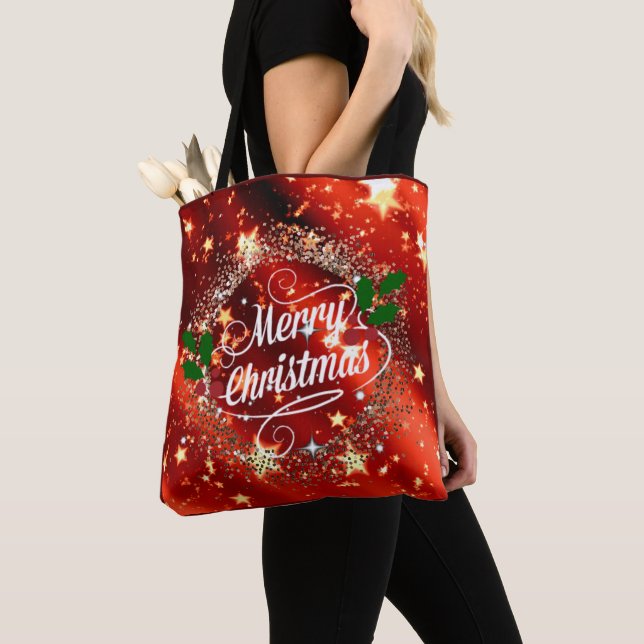 Merry Christmas sparkle and glitter holiday red Tote Bag (Close Up)