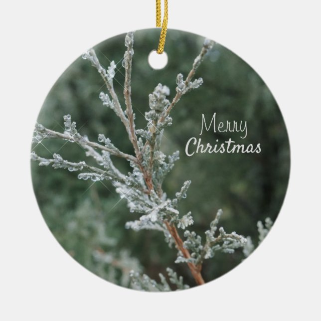 Merry Christmas Sparkling Juniper Ceramic Ornament (Front)