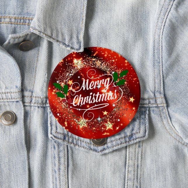 Merry Christmas, Sparkling Red and Gold, 4 Inch Round Button (In Situ)