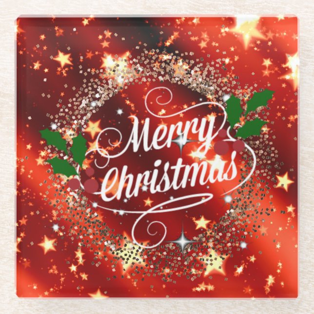 Merry Christmas, Sparkling Red and Gold Design Glass Coaster (Front)