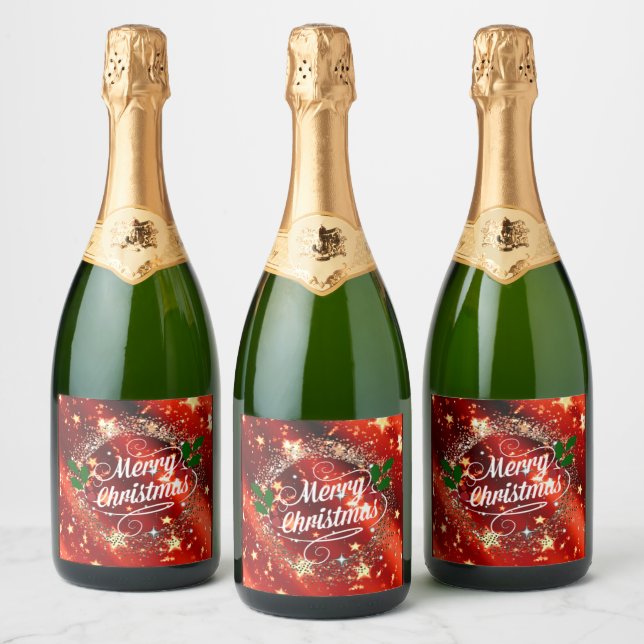 Merry Christmas, Sparkling Red and Gold Design Sparkling Wine Label (Bottles)