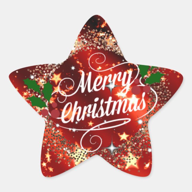 Merry Christmas, Sparkling Red and Gold Design Star Sticker (Front)