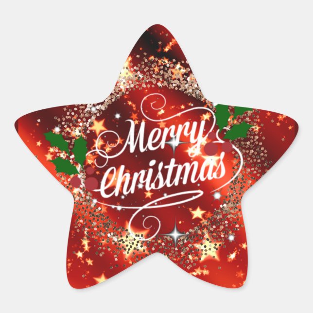 Merry Christmas, Sparkling Red and Gold Design Star Sticker (Front)
