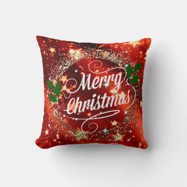 Merry Christmas, Sparkling Red and Gold Design Throw Pillow (Front)
