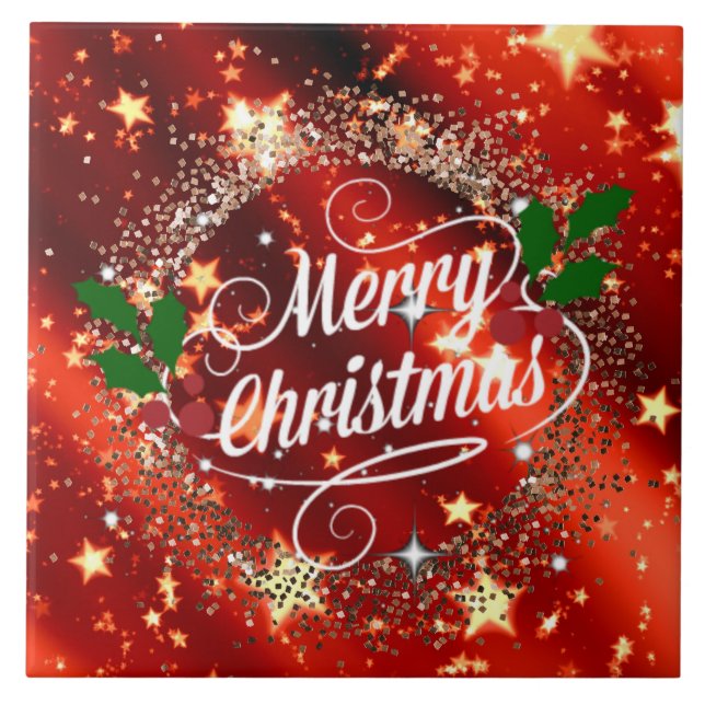 Merry Christmas, Sparkling Red and Gold Design Tile (Front)
