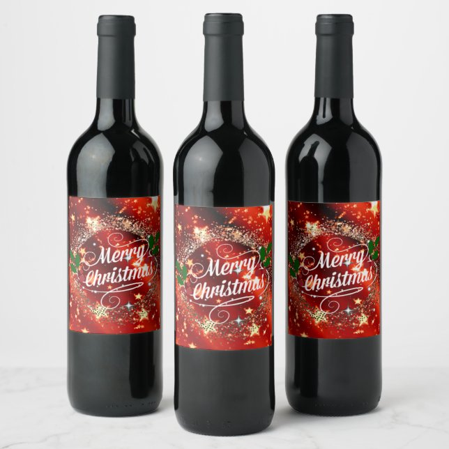 Merry Christmas, Sparkling Red and Gold, Wine Label (Bottles)