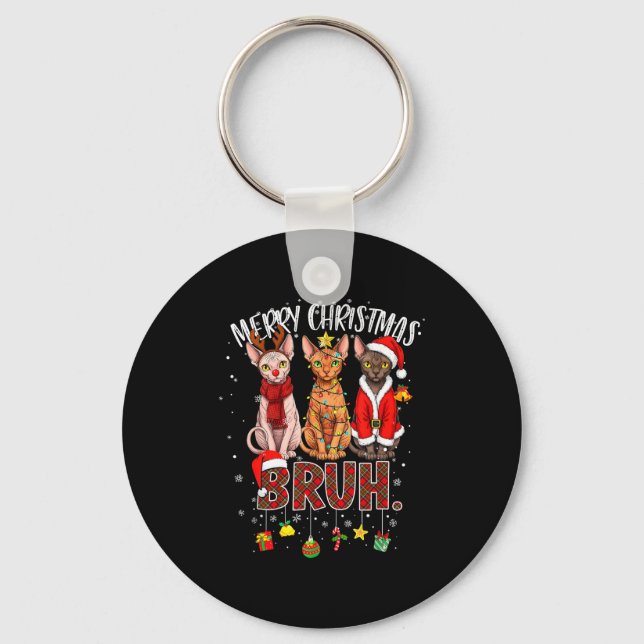 Merry Christmas Sphynx Cat Santa Reindeer Bruh Fun Keychain (Front)