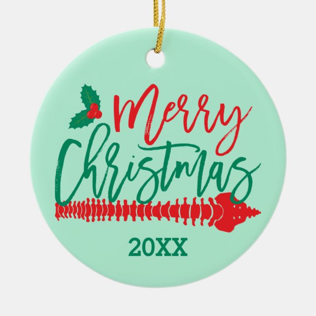 Merry Christmas Spine Holly Chiropractic Ceramic O Ceramic Ornament (Front)