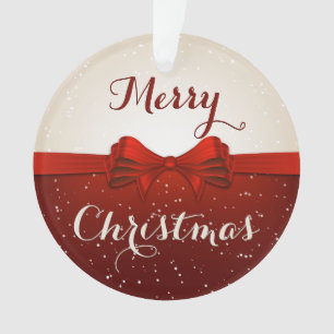 Merry Christmas Split Snow and Red Ribbon Ornament