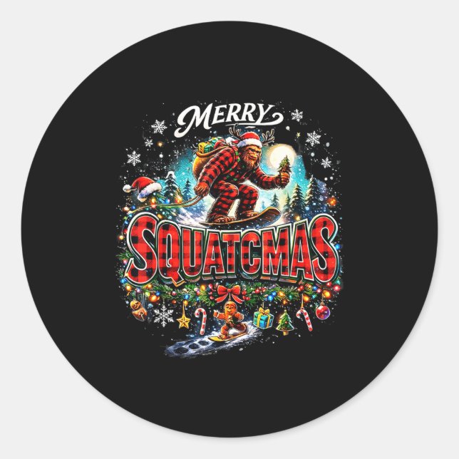 Merry Christmas Squatchmas Funny Bigfoot Snowboard Classic Round Sticker (Front)