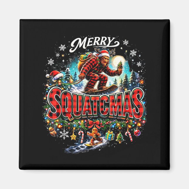Merry Christmas Squatchmas Funny Bigfoot Snowboard Magnet (Front)