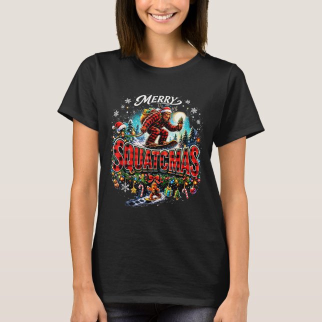 Merry Christmas Squatchmas Funny Bigfoot Snowboard T-Shirt (Front)