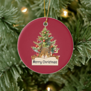 Merry Christmas Squirrel Christmas Tree Editable  Ceramic Ornament