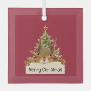 Merry Christmas Squirrel Christmas Tree Editable Glass Ornament