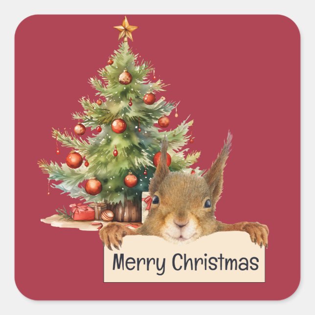 Merry Christmas Squirrel Christmas Tree Editable  Square Sticker (Front)