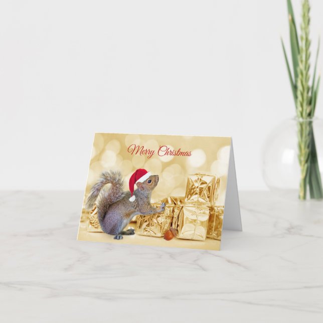 Merry Christmas Squirrel in Santa Hat & Gifts  Card (Front)