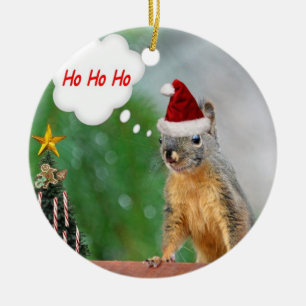 Merry Christmas Squirrel Saying Ho Ho Ho! Ceramic Ornament