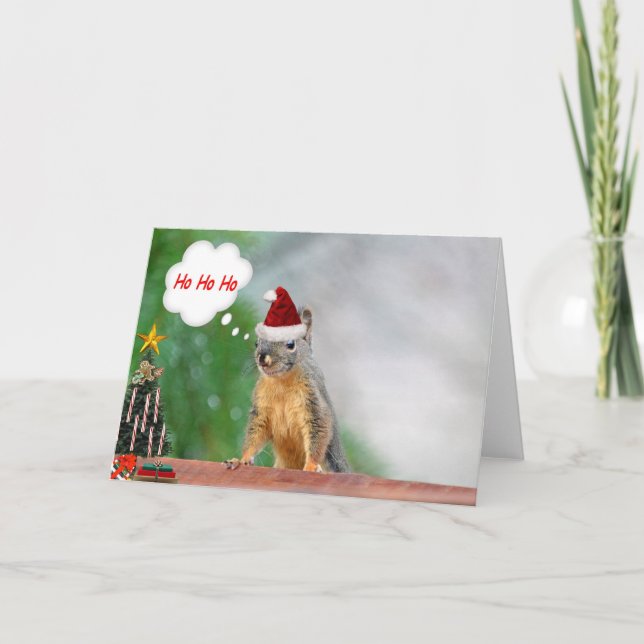 Merry Christmas Squirrel Saying Ho Ho Ho! Holiday Card (Front)