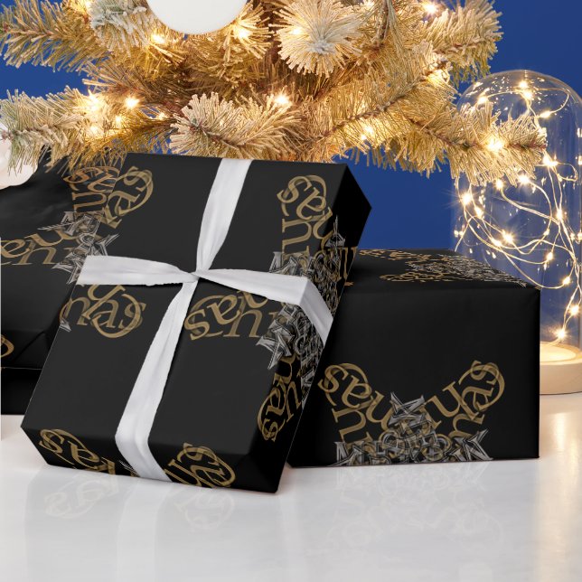 Merry Christmas Star Calligraphy Gold Silver Black Wrapping Paper (Holidays)