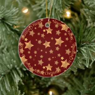 Merry Christmas Star Golden Dark Red Elegant Ceramic Ornament