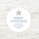 Merry Christmas Starfish Minimal Family White Classic Round Sticker<br><div class="desc">Merry Christmas Starfish Minimal Family White Classic Round Sticker. Personalize with your own text, colours, and or fonts. Shown in storm blue text on white with dark sand coloured starfish. We invite you to visit our Zazzle store, Beachy Design Co, for matching products and more. Please contact us if you...</div>