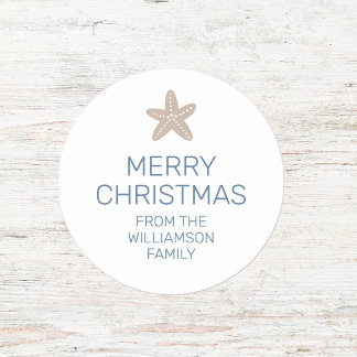Merry Christmas Starfish Minimal Family White Classic Round Sticker