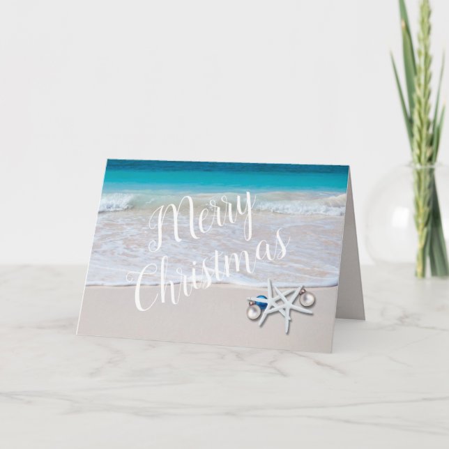 Merry Christmas Starfish on Beach Christmas Card (Front)