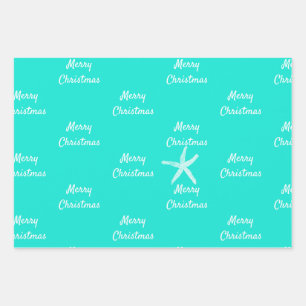Merry Christmas Starfish Patterns Teal Blue Green Wrapping Paper Sheet
